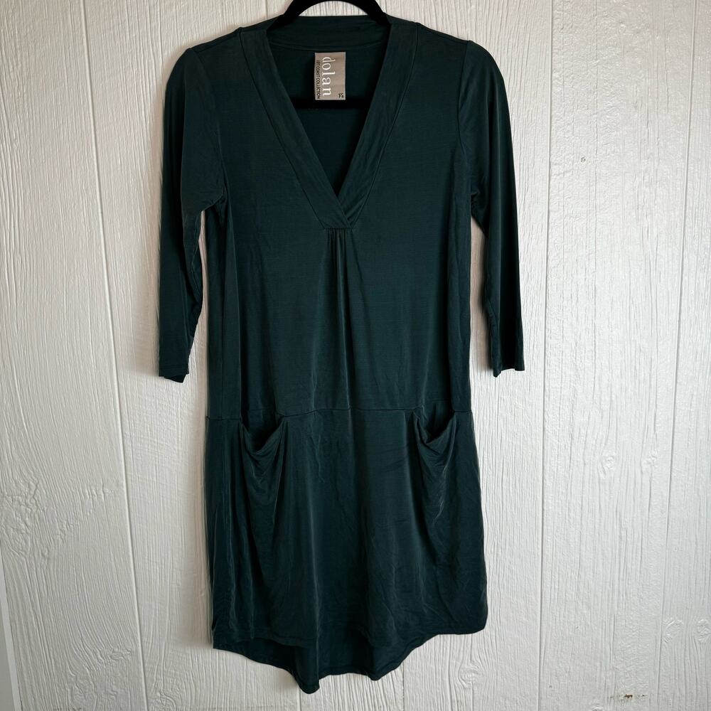 Dolan Left Coast Anthropologie Cupro High Low V-Neck 3/4 Sleeve Green Dress XS - Picture 4 of 11